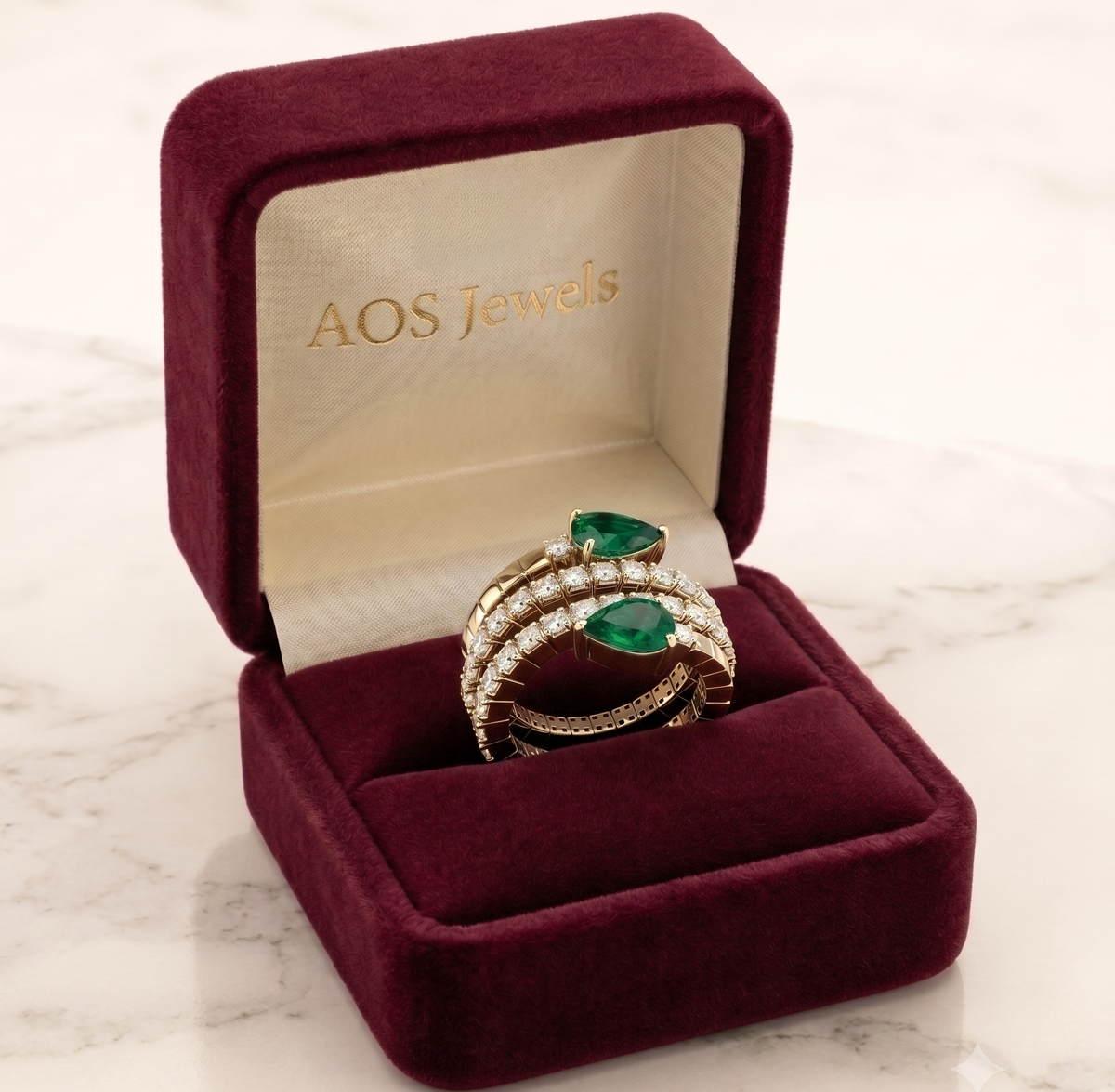Luminous Pear Emerald & Pavé Silver Spiral Ring