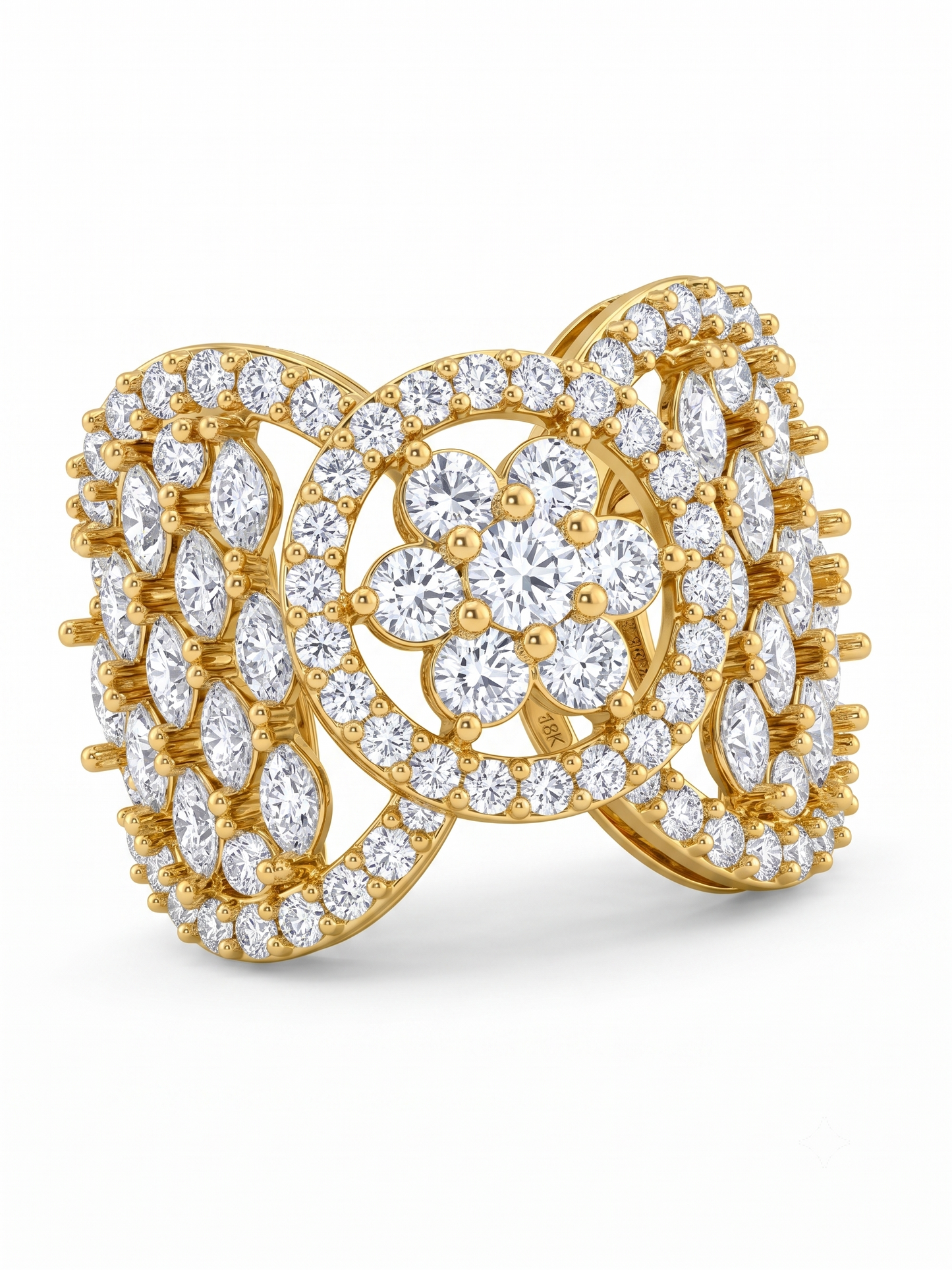 A wide yellow gold plated ring featuring
