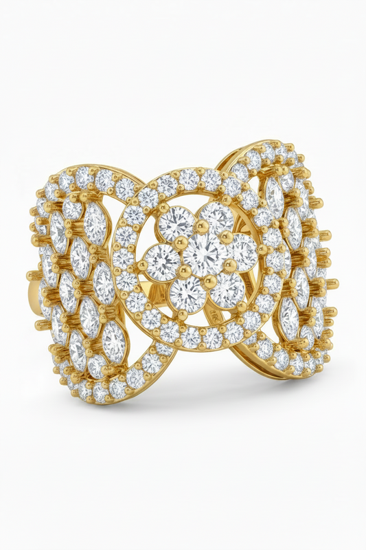 A wide yellow gold plated ring featuring