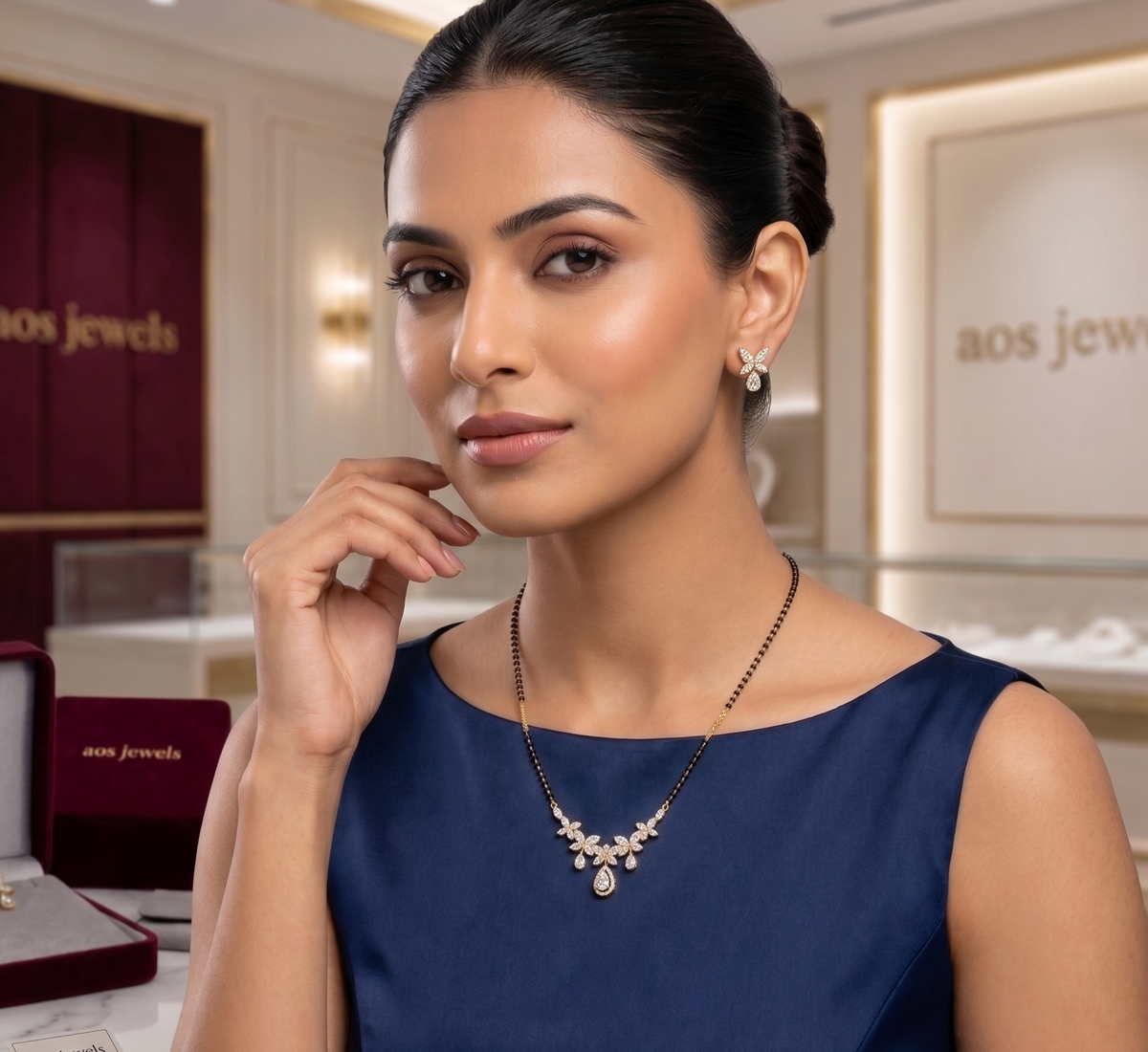 Silver Marquise and Pear Drop Mangalsutra Set