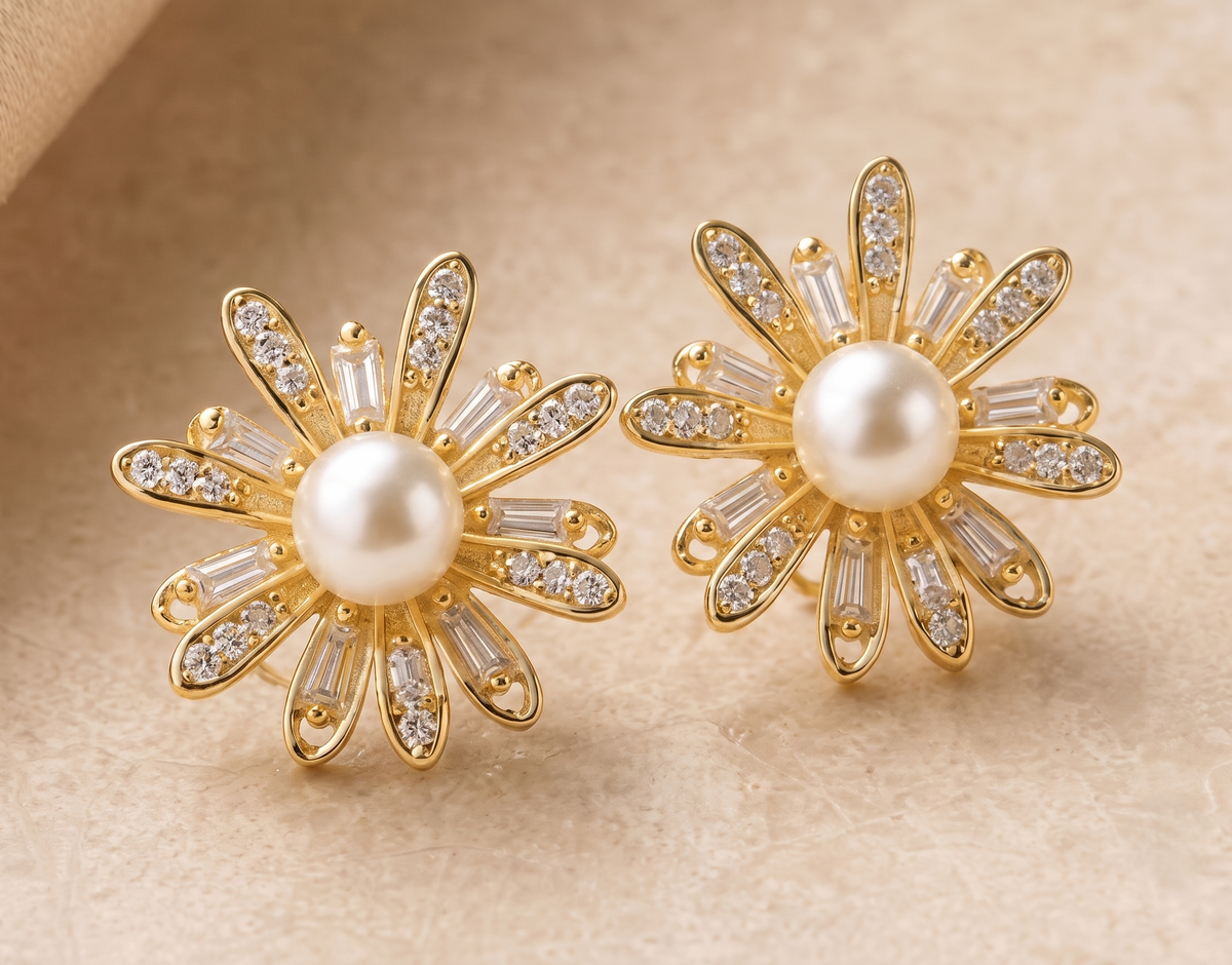 Pearl and Moissanite Sunburst Stud Earrings in Silver