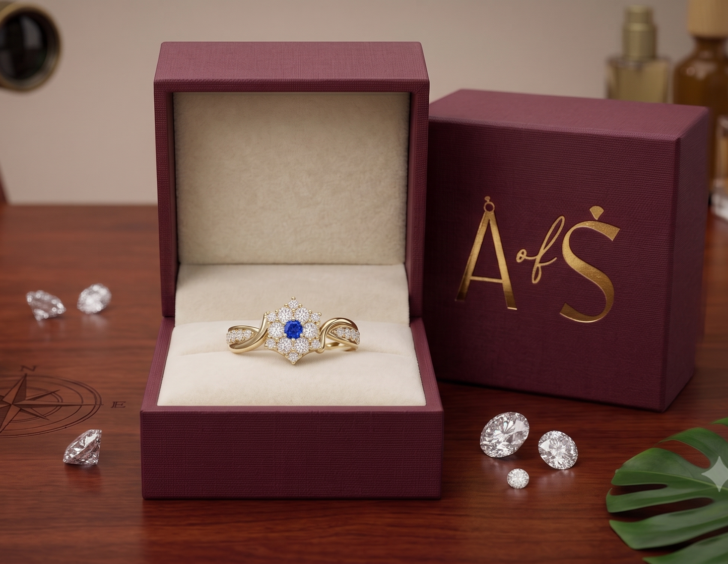 Sterling Silver Snowflake Cluster Ring with Blue Center Stone