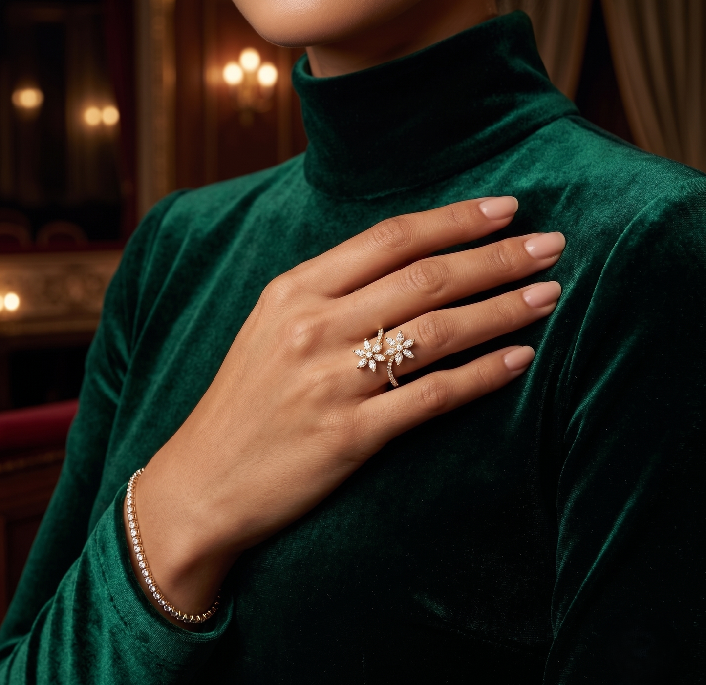 Silver Marquise Double Flower Bypass Ring