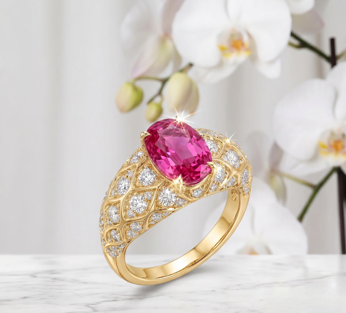 Sterling Silver Quilted Dome Ring with Pink Oval Gemstone
