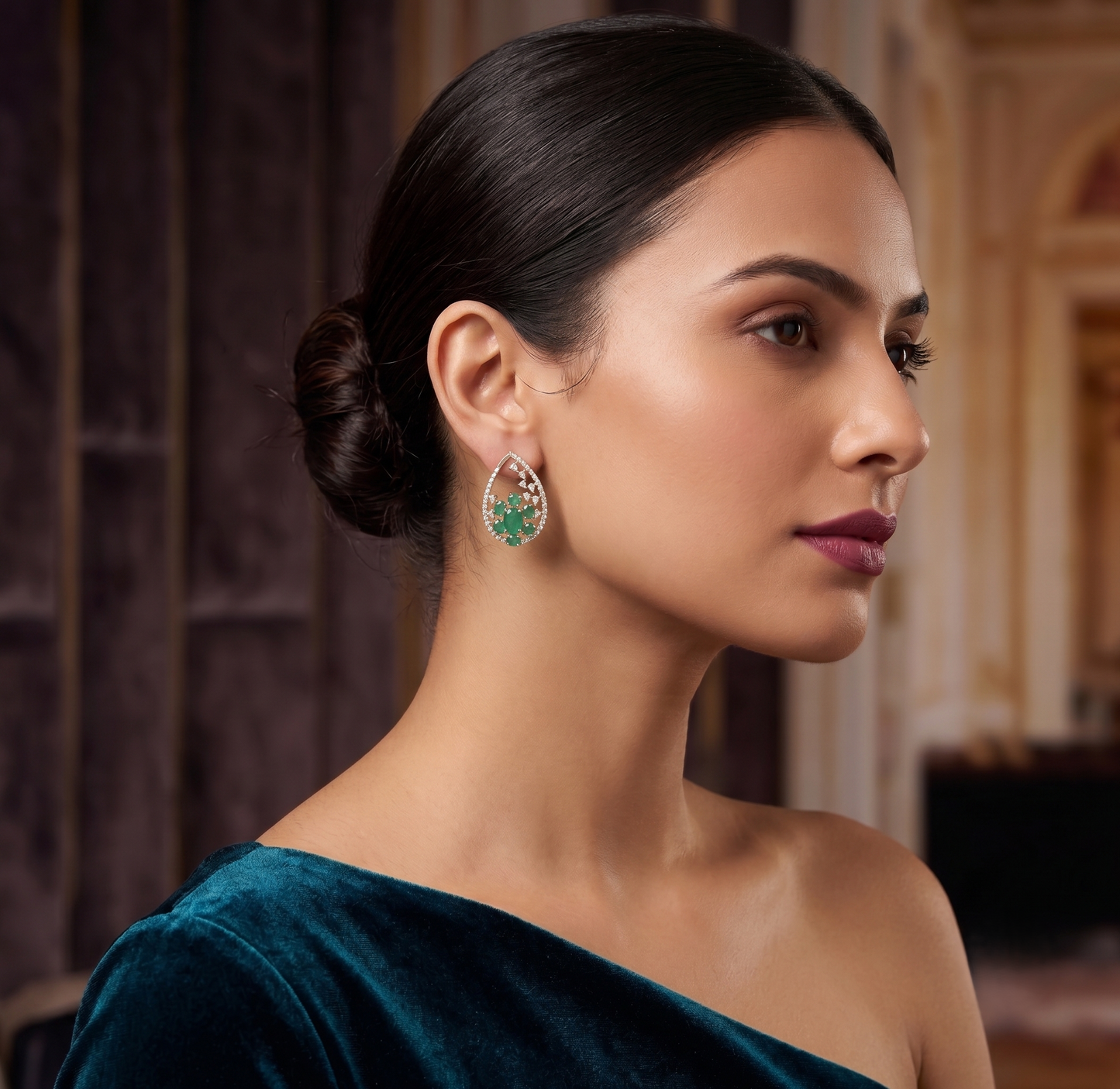 925 Silver Emerald Cluster Teardrop Earrings