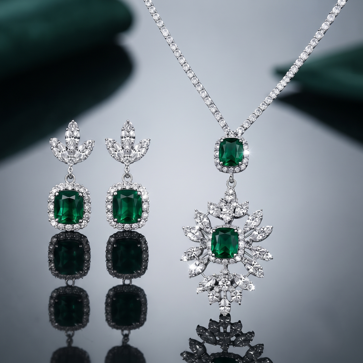The Royal Emerald Blossom Sterling Silver Pendant Set