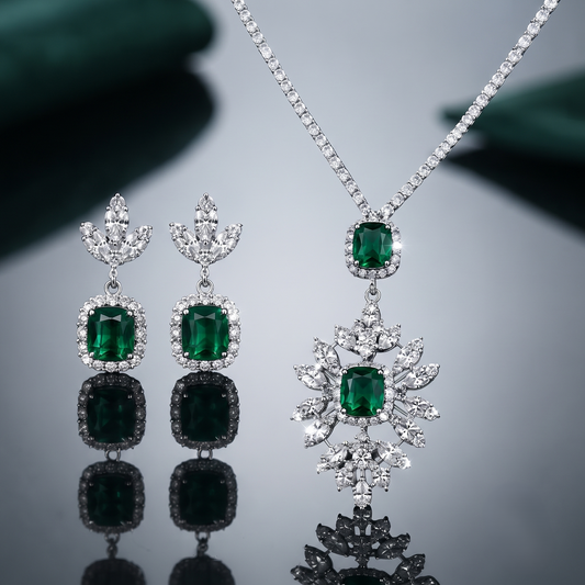 The Royal Emerald Blossom Sterling Silver Pendant Set