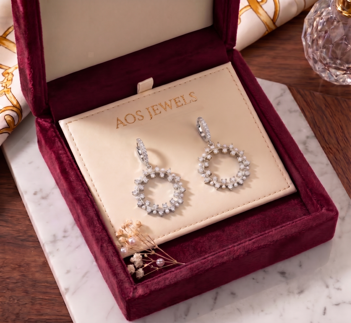 925 Sterling Silver Pearl & Moissanite Wreath Drop Earrings