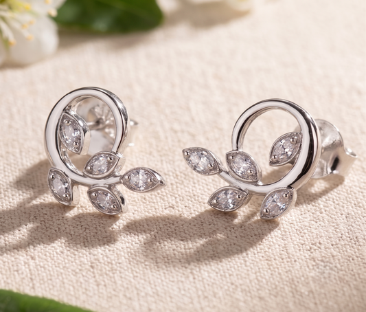 Sparkling Marquise Leaf Motif Silver Earrings