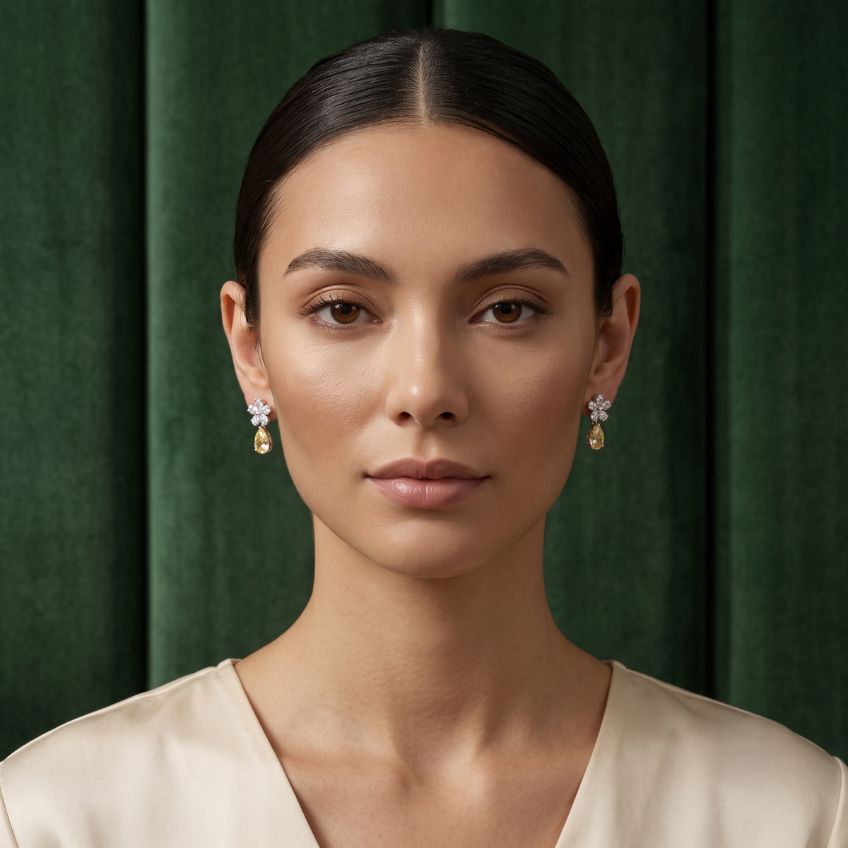 Sterling Silver Floral Drop Earrings with Yellow Teardrop