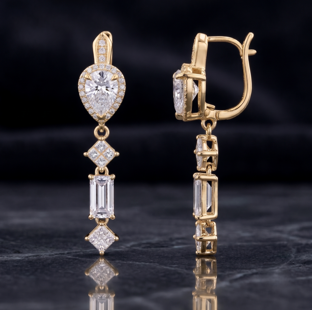 Pear, Emerald, and Princess Cut Moissanite Dangle Earrings