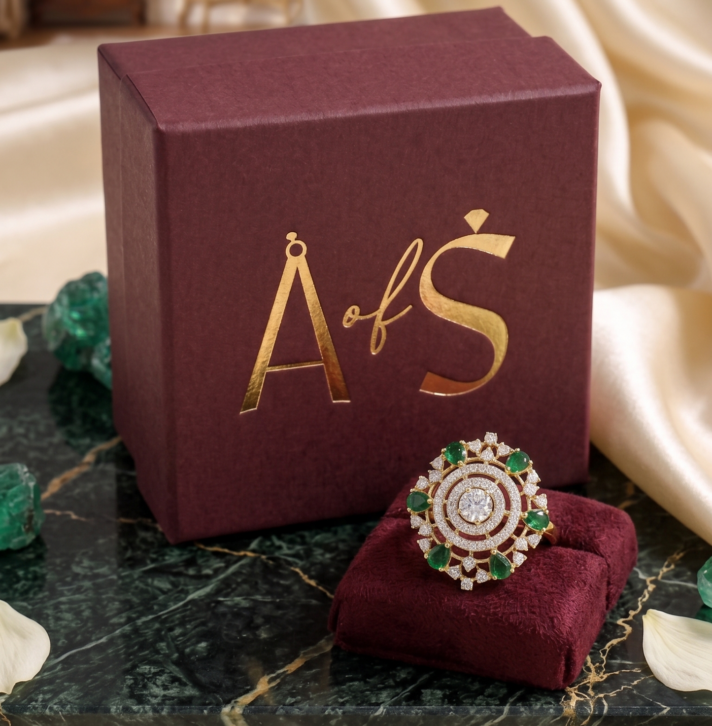 Royal Floral Emerald Statement Silver Ring