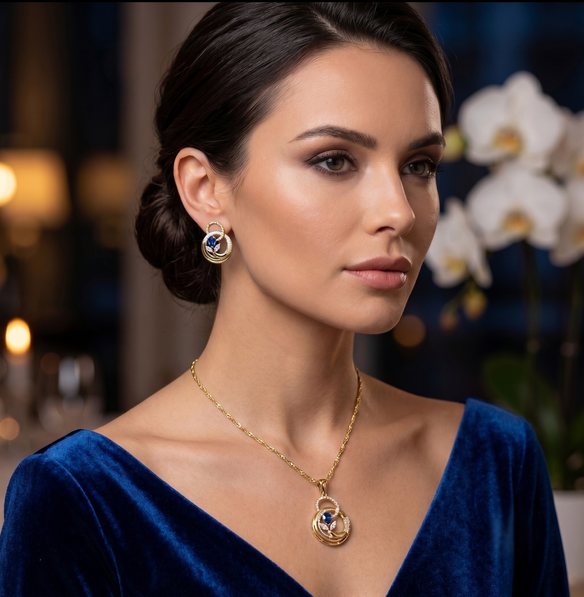 Ethereal Sapphire Interlocking Silver Pendant Set