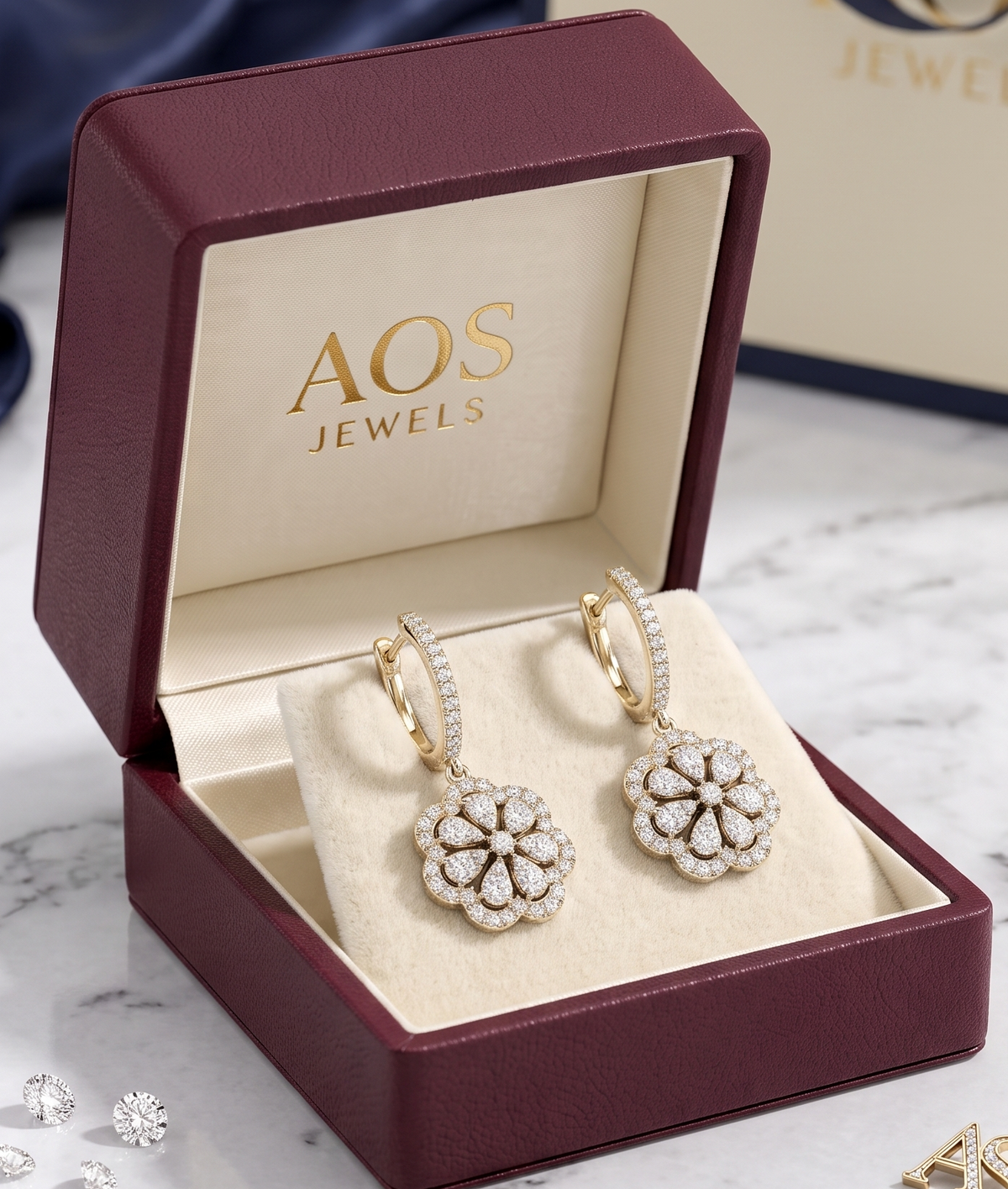 925 Sterling Silver Pave Hoop Floral Drop Earrings