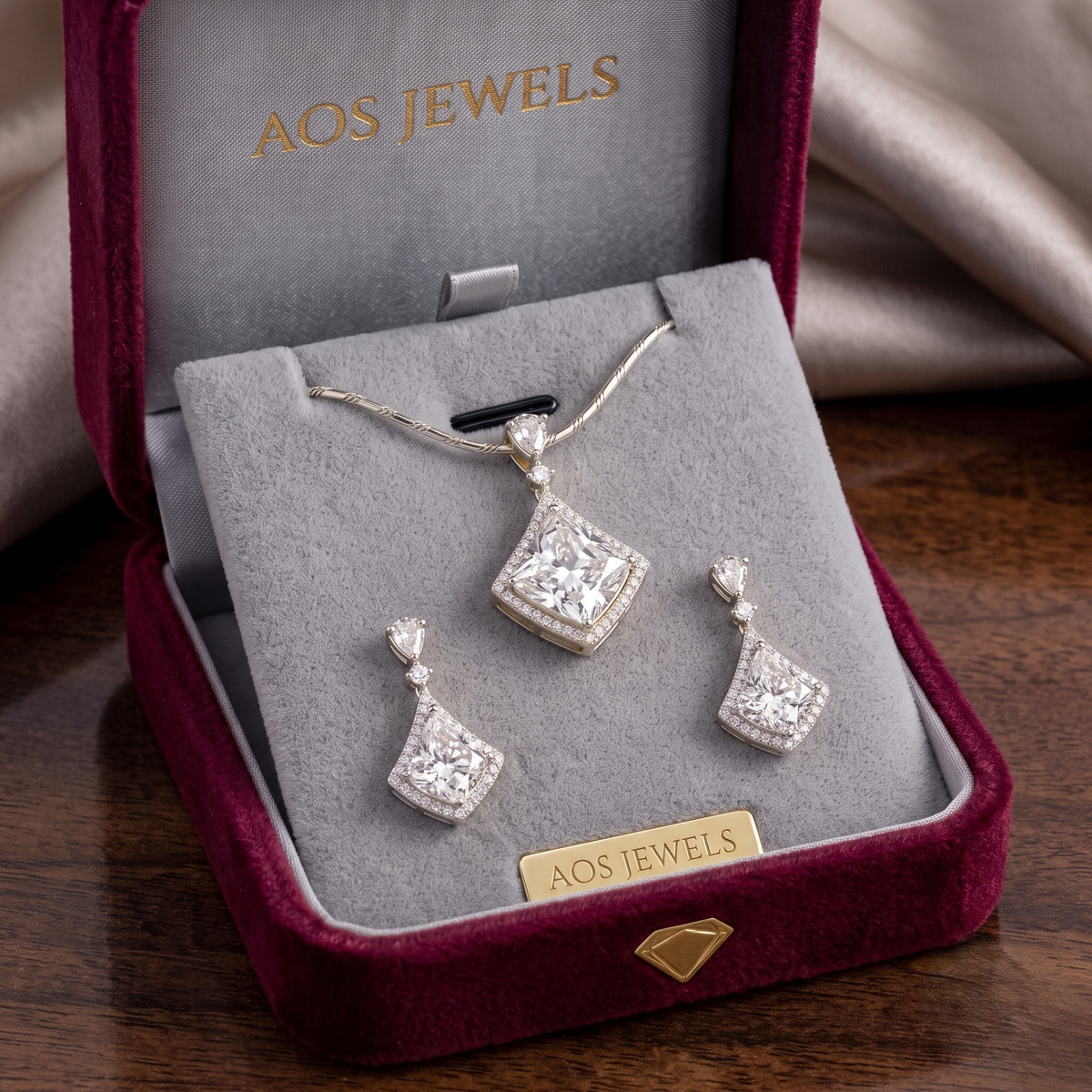 Sterling Silver Asscher-Cut Halo and Drop Pendant Set