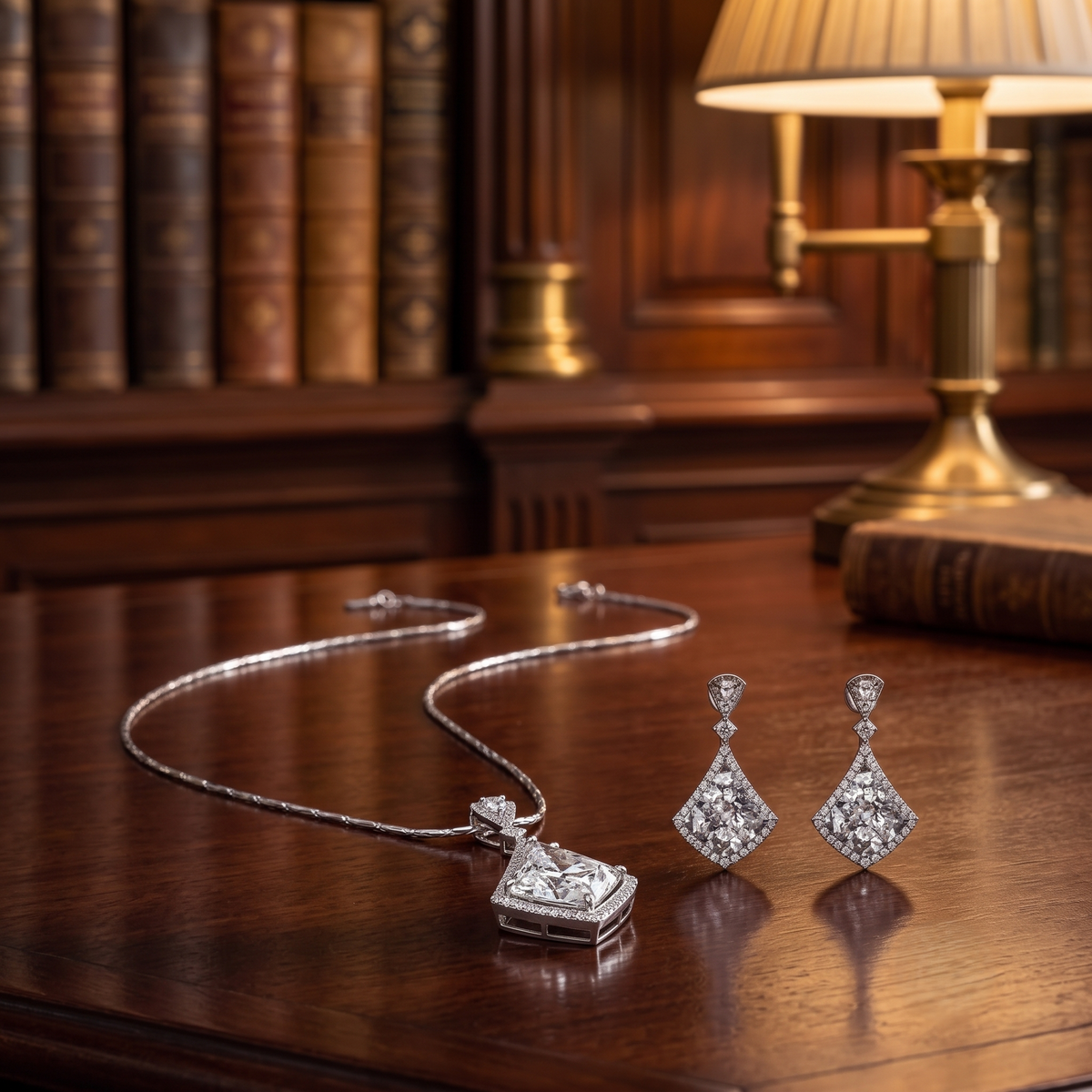 Sterling Silver Asscher-Cut Halo and Drop Pendant Set