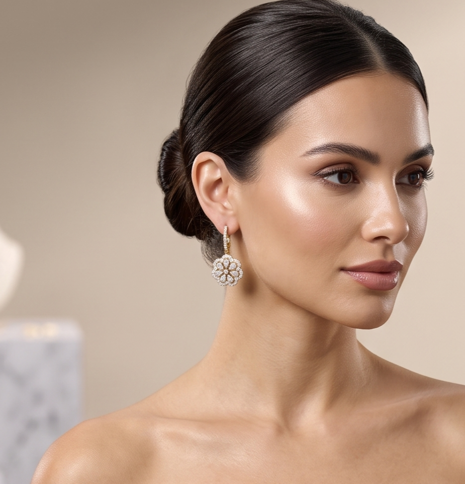 925 Sterling Silver Pave Hoop Floral Drop Earrings