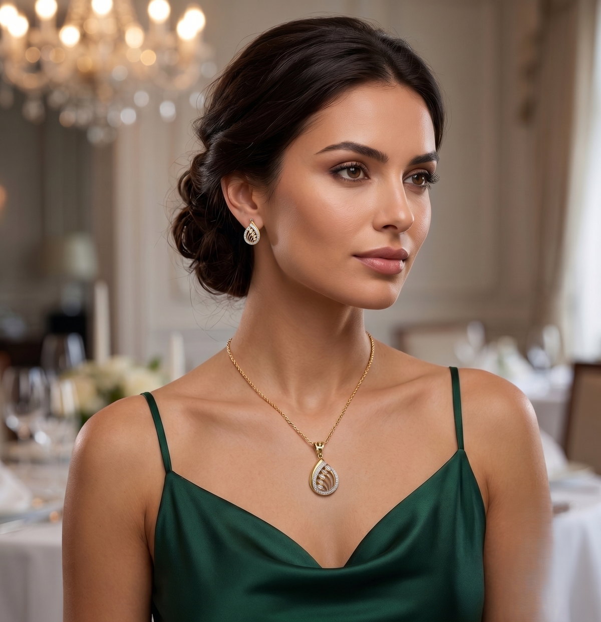 Interlocking Cutwork Floral Teardrop Sterling Silver Pendant Set