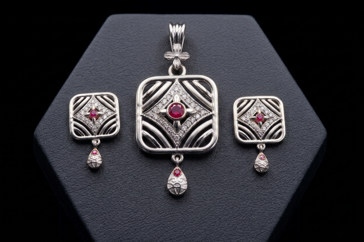 Silver Geometric Square Pendant Set with Red Gemstones