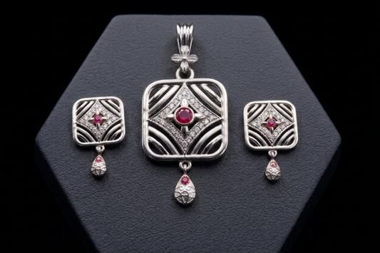Silver Geometric Square Pendant Set with Red Gemstones