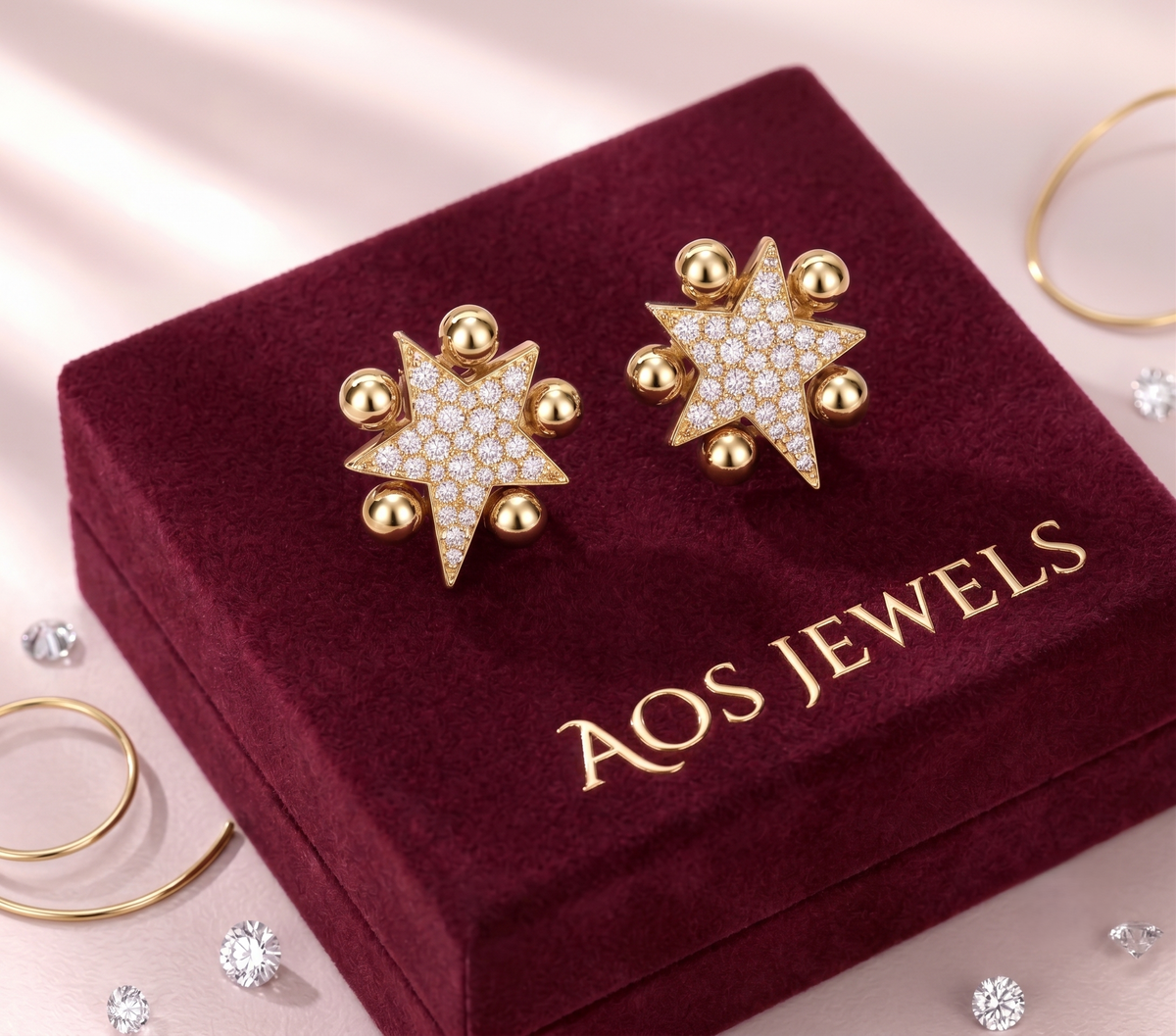 Six-Point Pave Star Beaded Stud Silver Earring