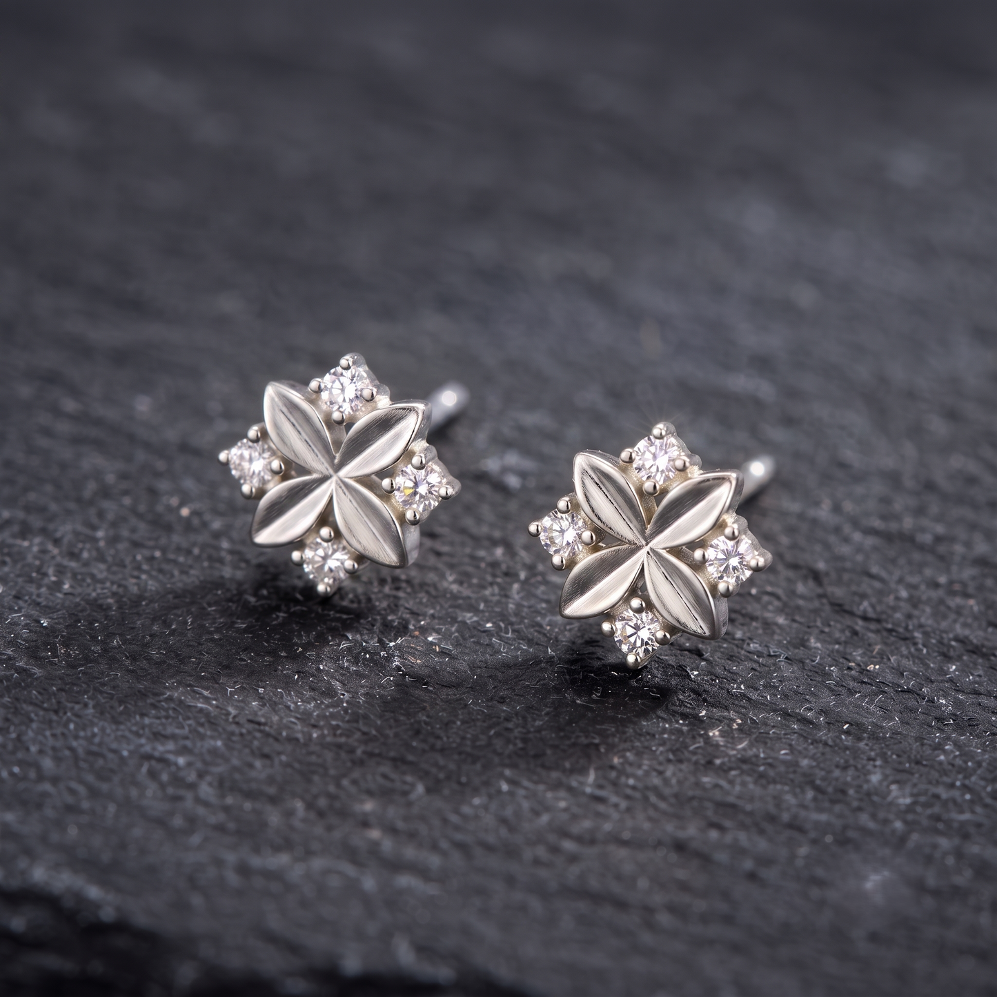 Brushed Silver Four-Petal Floral Stud Earrings