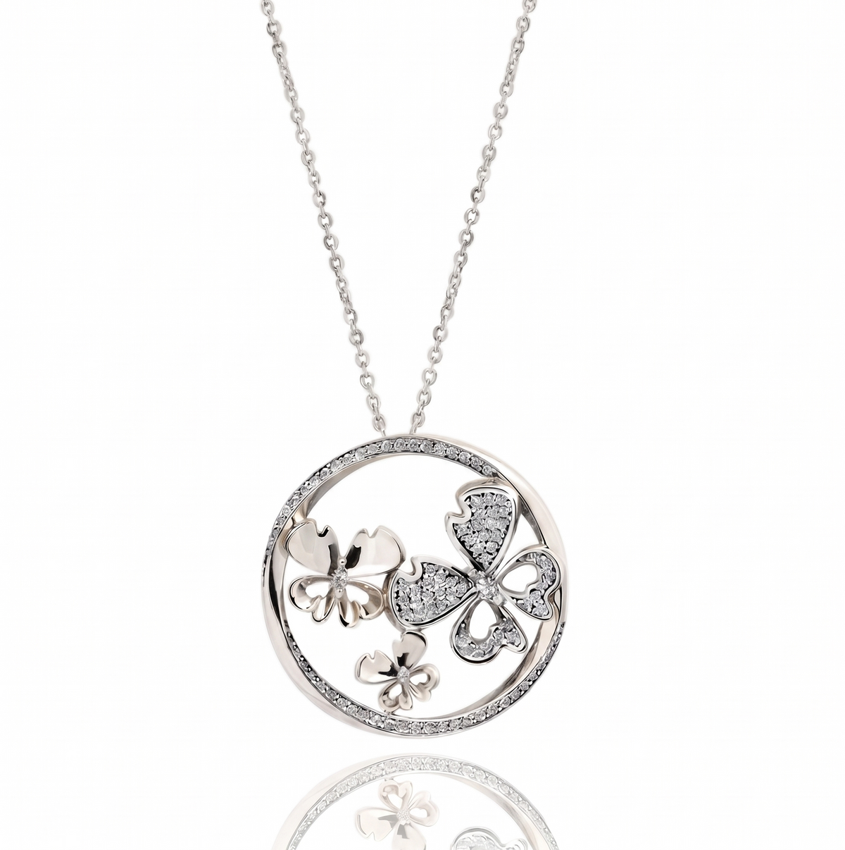 Enchanting Butterfly Garden Circle Pendant in 925 Sterling Silver