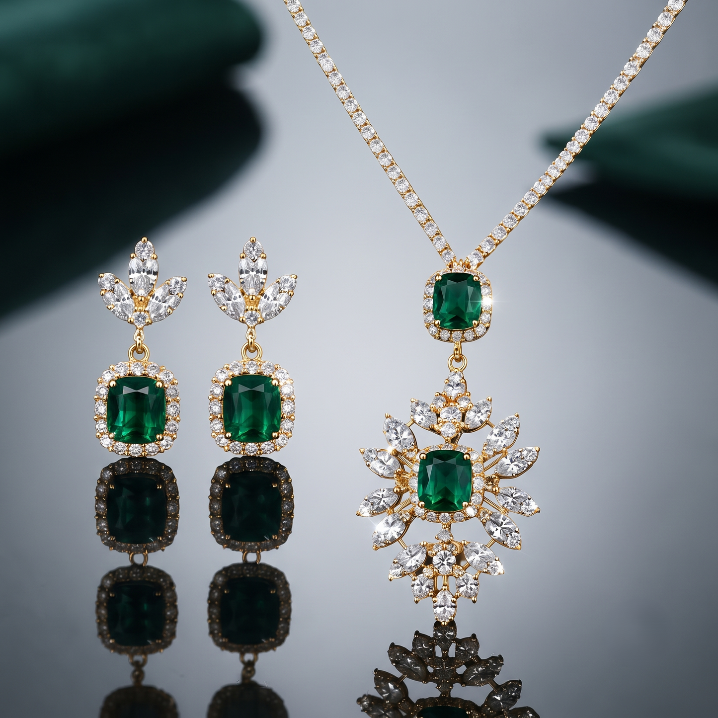 The Royal Emerald Blossom Sterling Silver Pendant Set