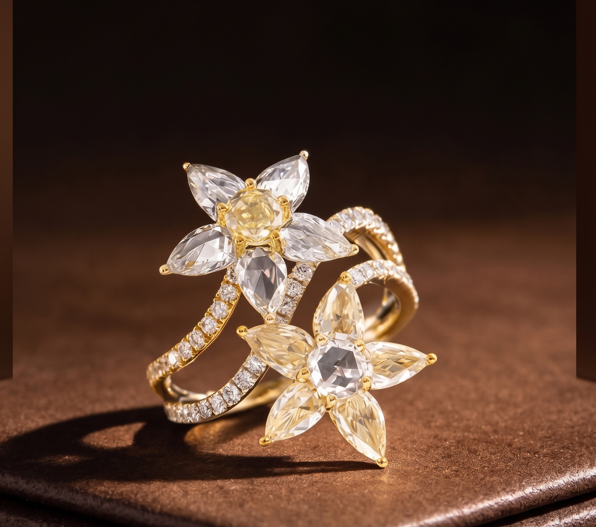 925 Sterling Silver Double Radiant Twin Flower Silver Ring