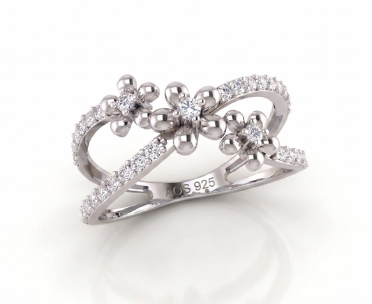 925 Sterling Silver Triple Flower Criss-Cross Ring