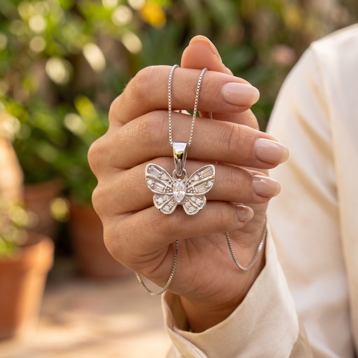 Sparkling moissanite Butterfly Silver Chain Pendant