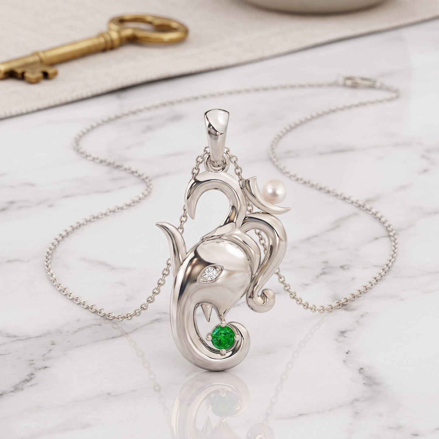 Om Ganesha Silver Pendant with Green Gemstone