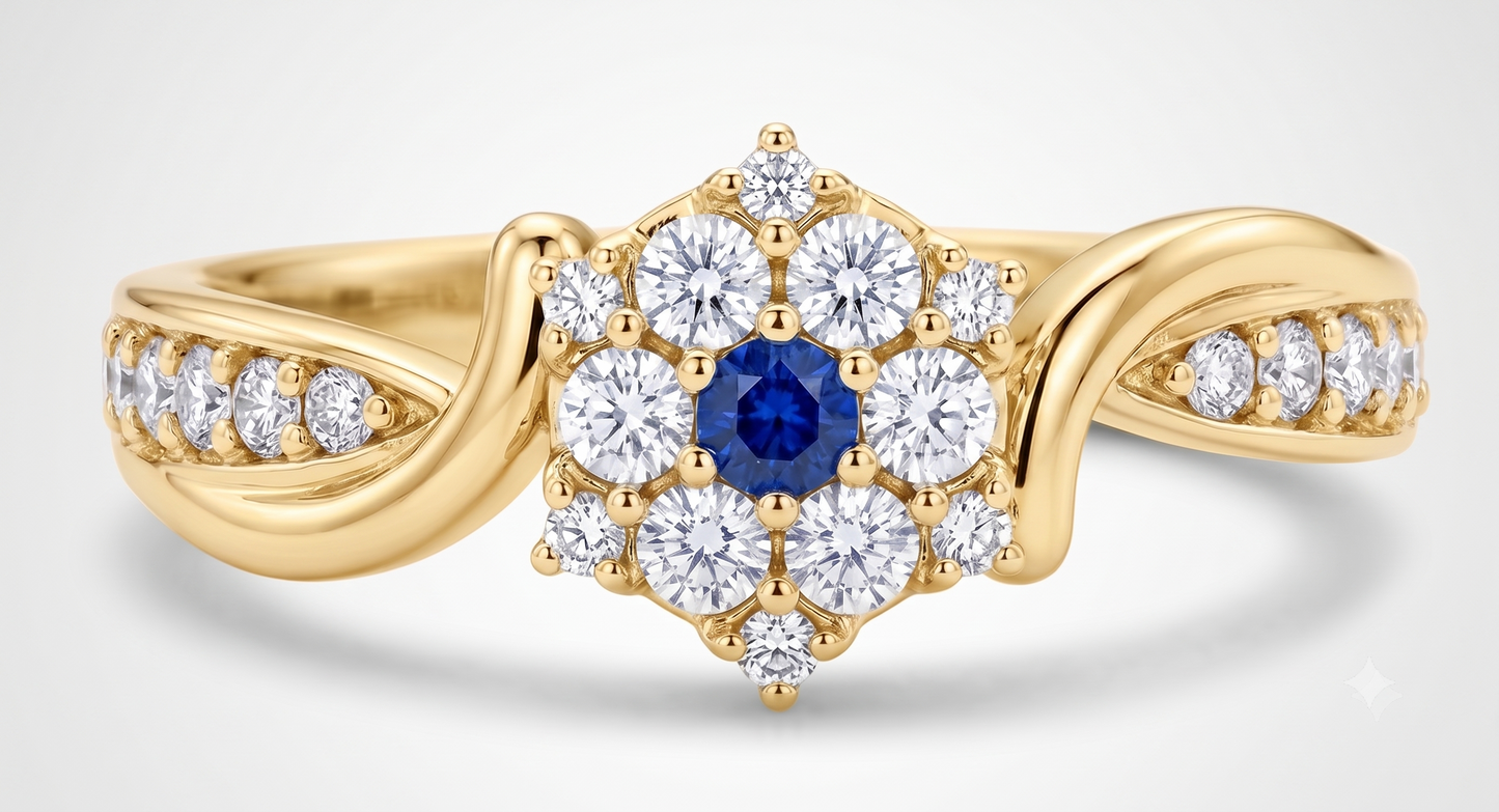 Sterling Silver Snowflake Cluster Ring with Blue Center Stone