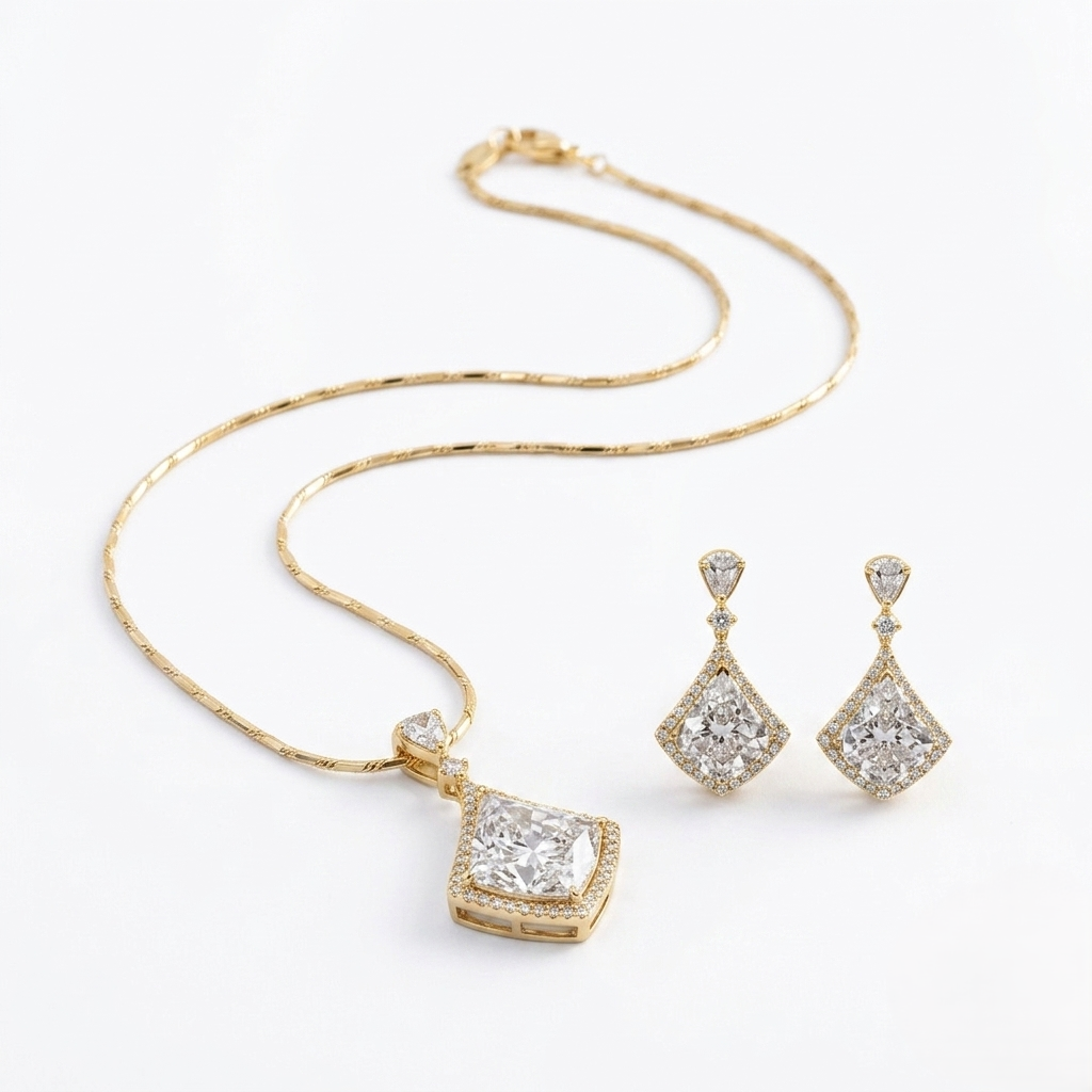Sterling Silver Asscher-Cut Halo and Drop Pendant Set