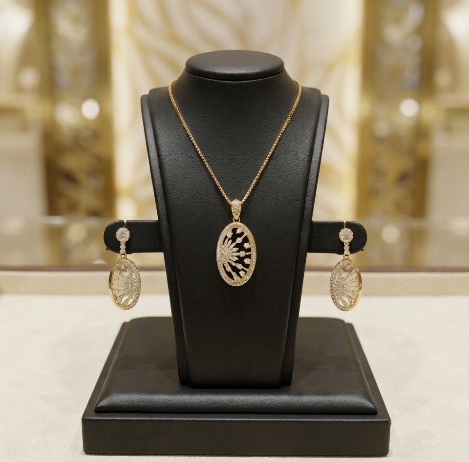 925 Sterling Silver Oval Sunburst Pendant Set