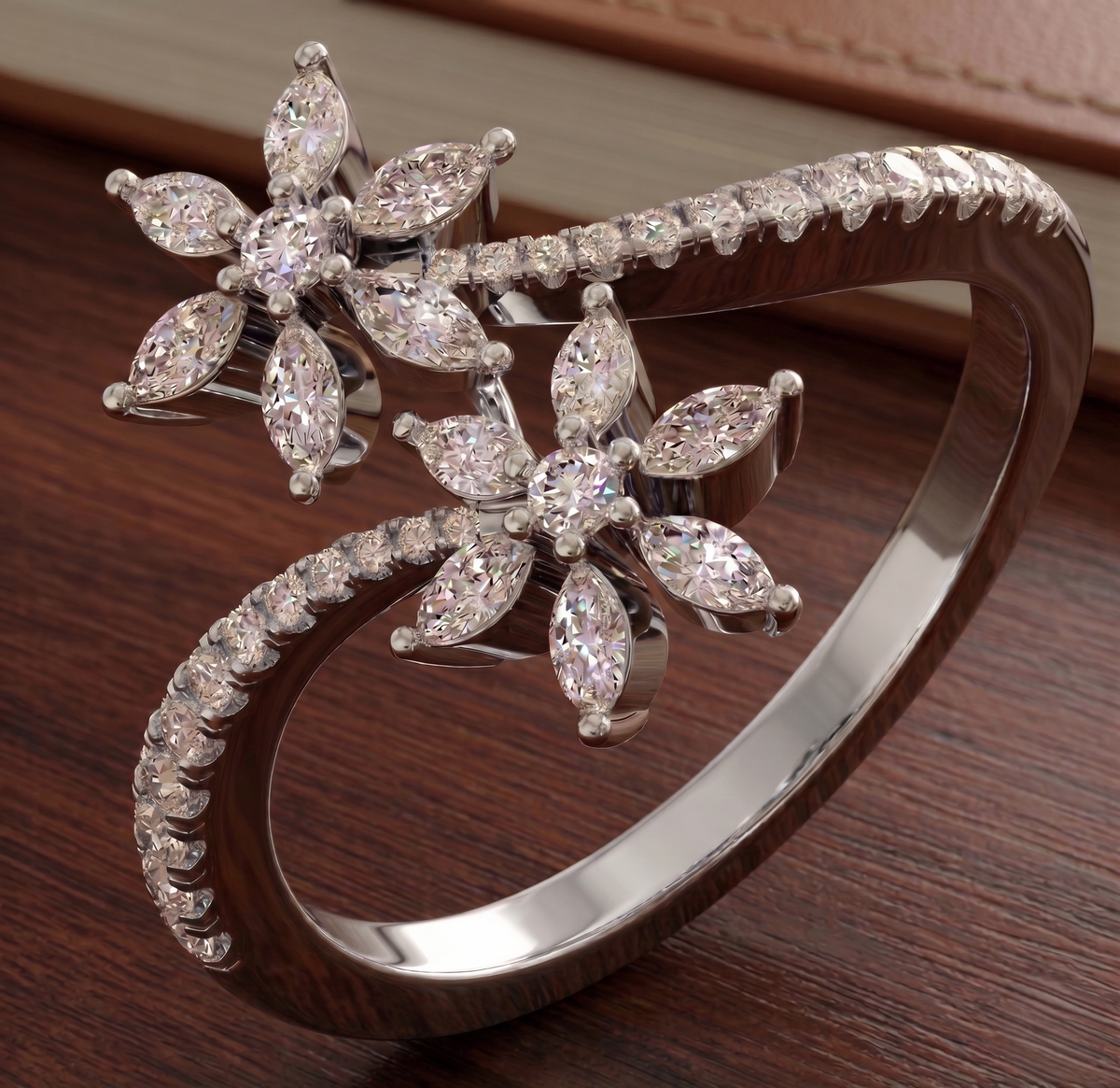 Silver Marquise Double Flower Bypass Ring