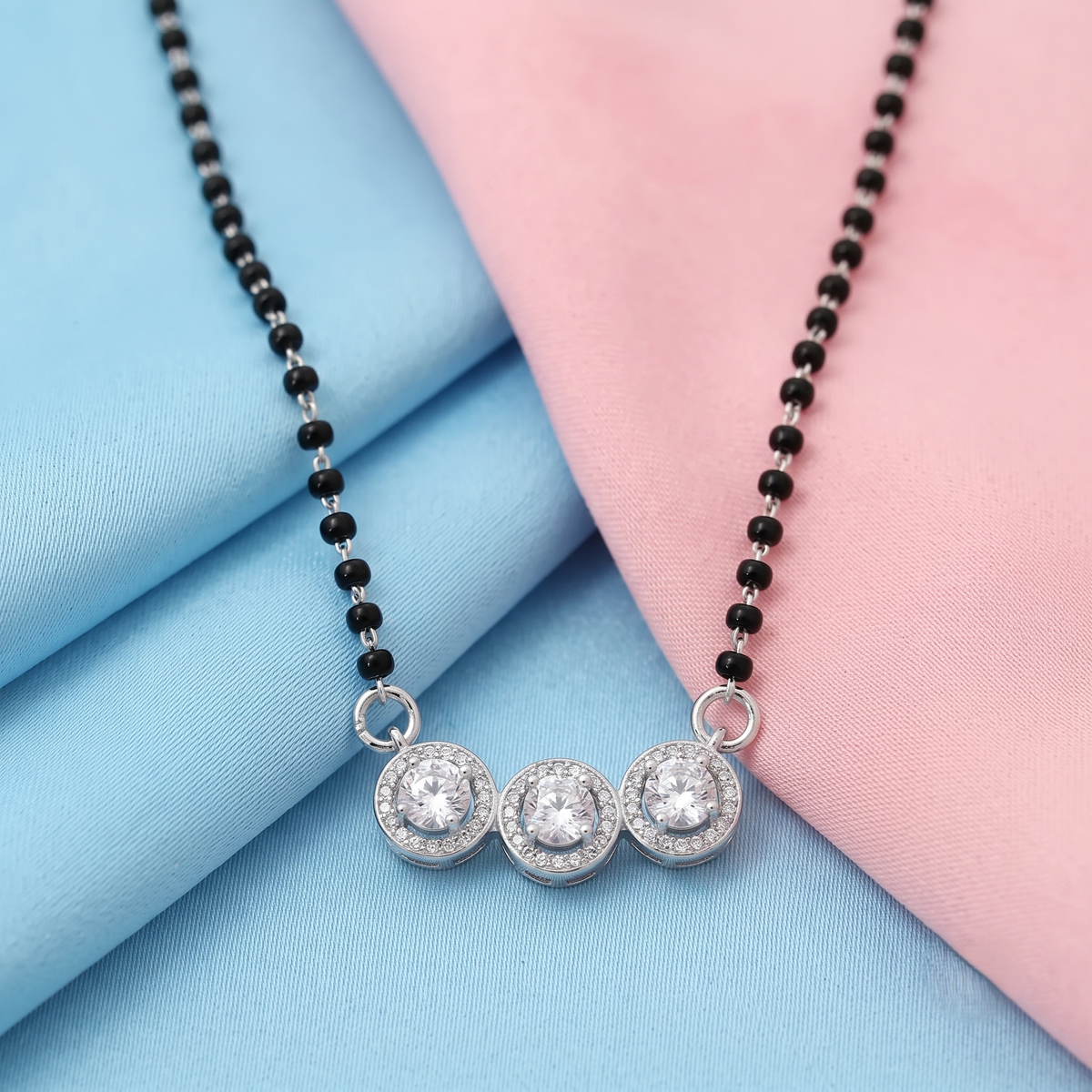 925 Silver Three-Stone Halo Mangalsutra