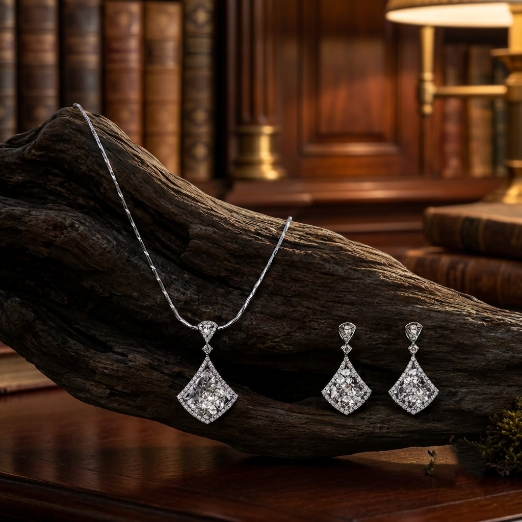 Sterling Silver Asscher-Cut Halo and Drop Pendant Set