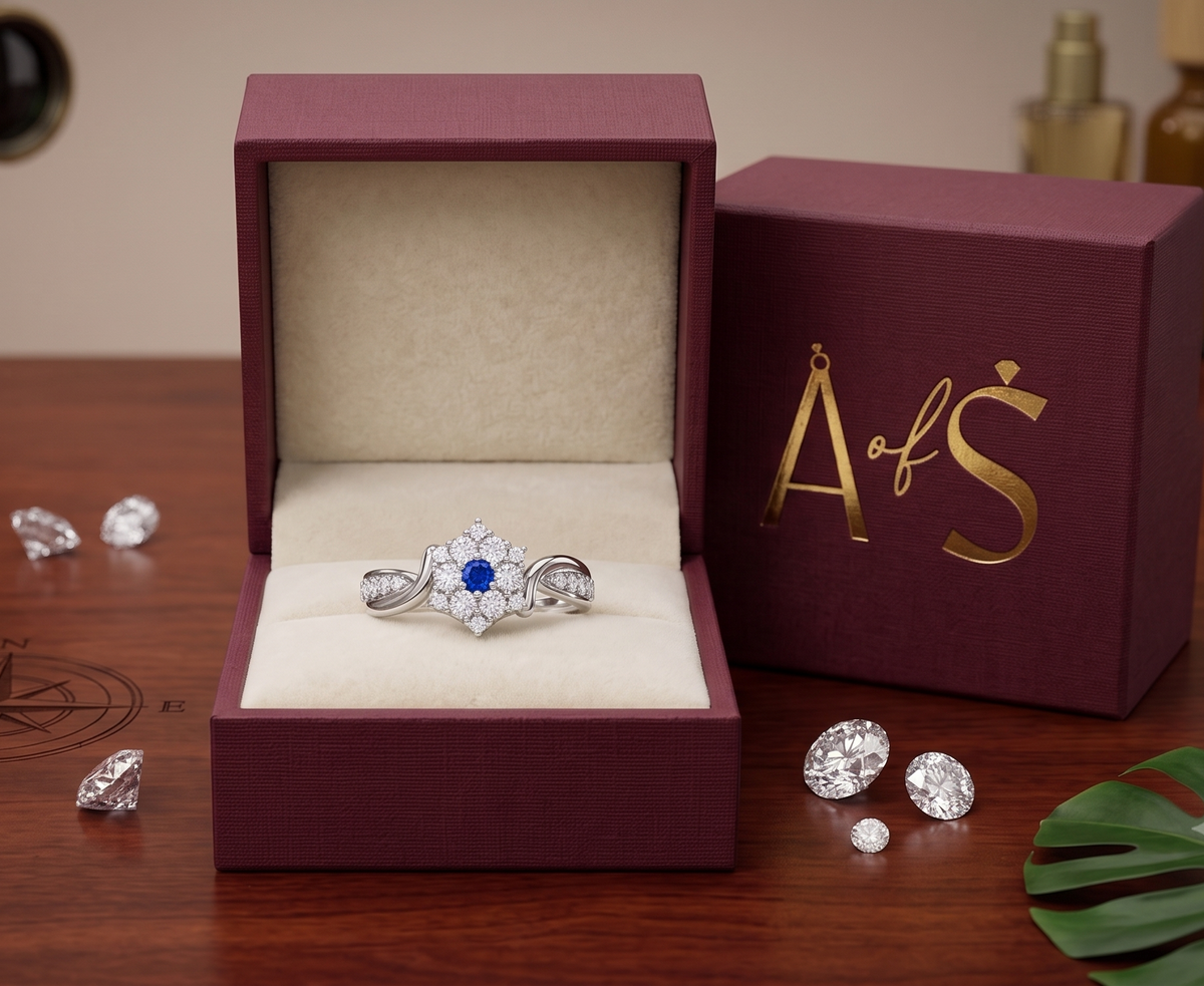 Sterling Silver Snowflake Cluster Ring with Blue Center Stone