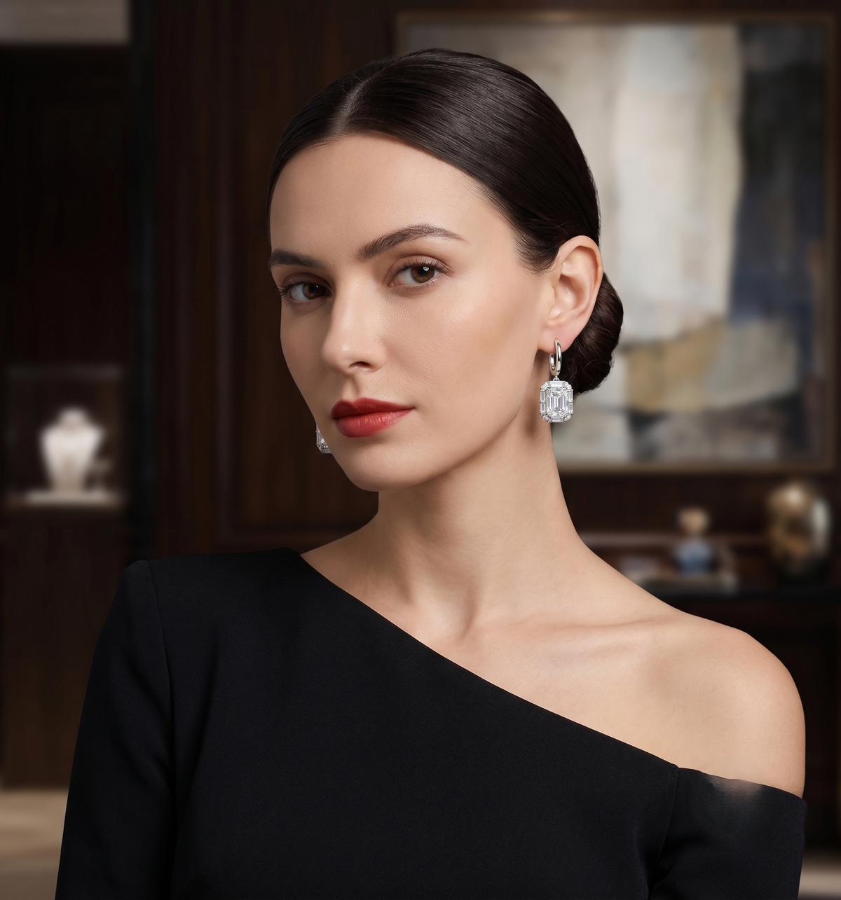 Radiant Emerald-Cut Halo Drop Silver Earrings