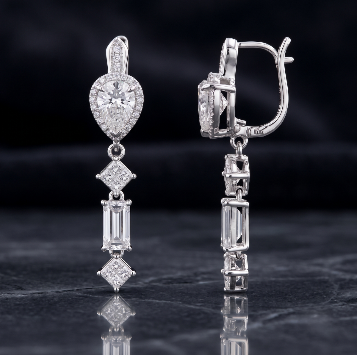 Pear, Emerald, and Princess Cut Moissanite Dangle Earrings
