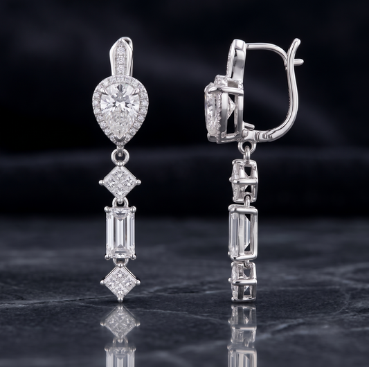 Pear, Emerald, and Princess Cut Moissanite Dangle Earrings