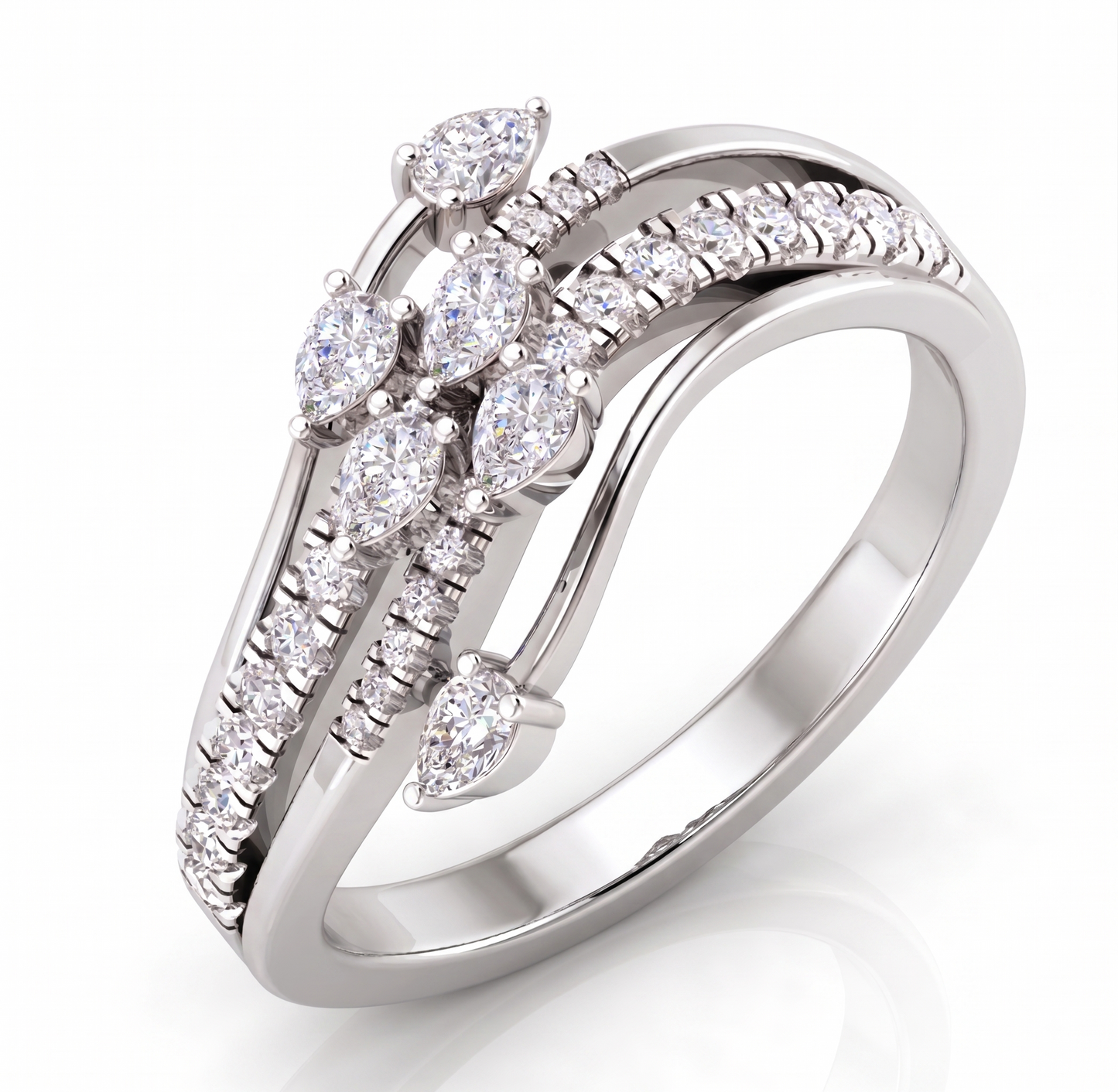 Silver Crossover Ring with Pavé and Teardrop Stones