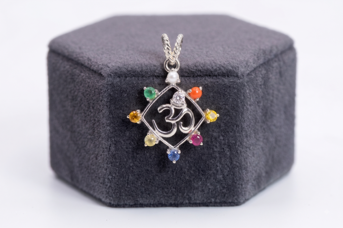 Silver Rhombus Om Charm with 9 Gemstones
