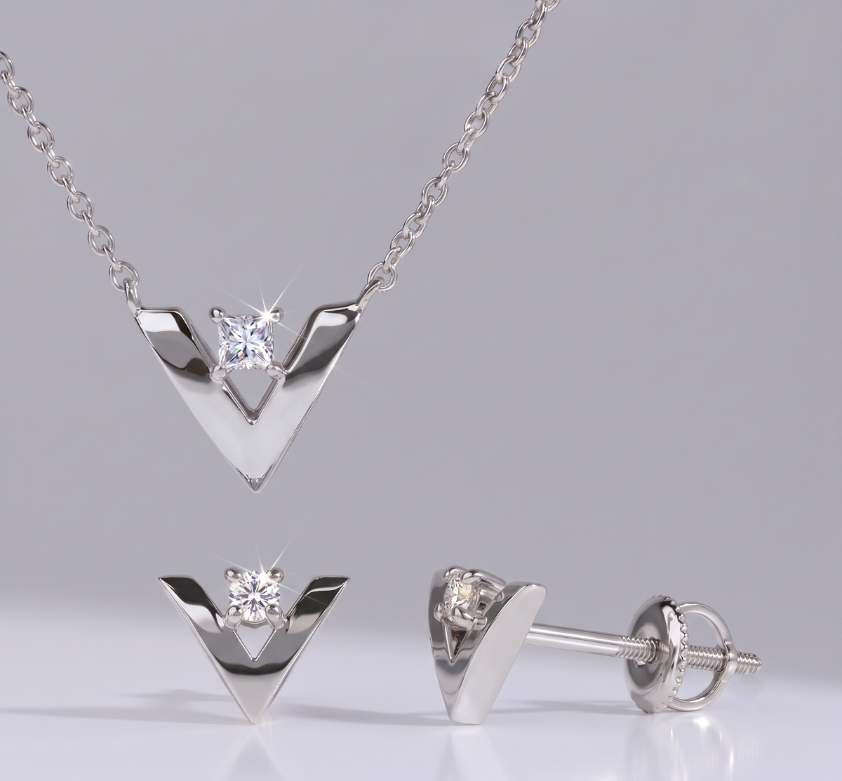 925 Sterling Silver Geometric Chevron Pendant Set