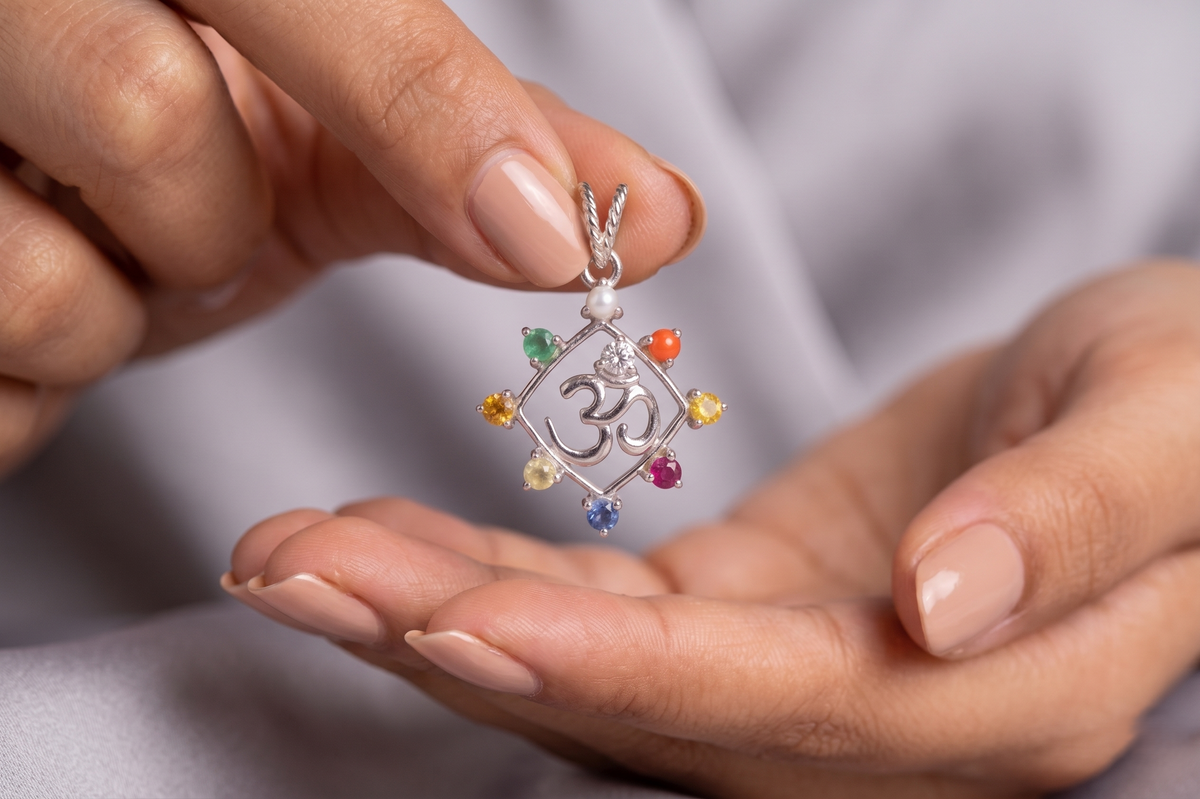 Silver Rhombus Om Charm with 9 Gemstones