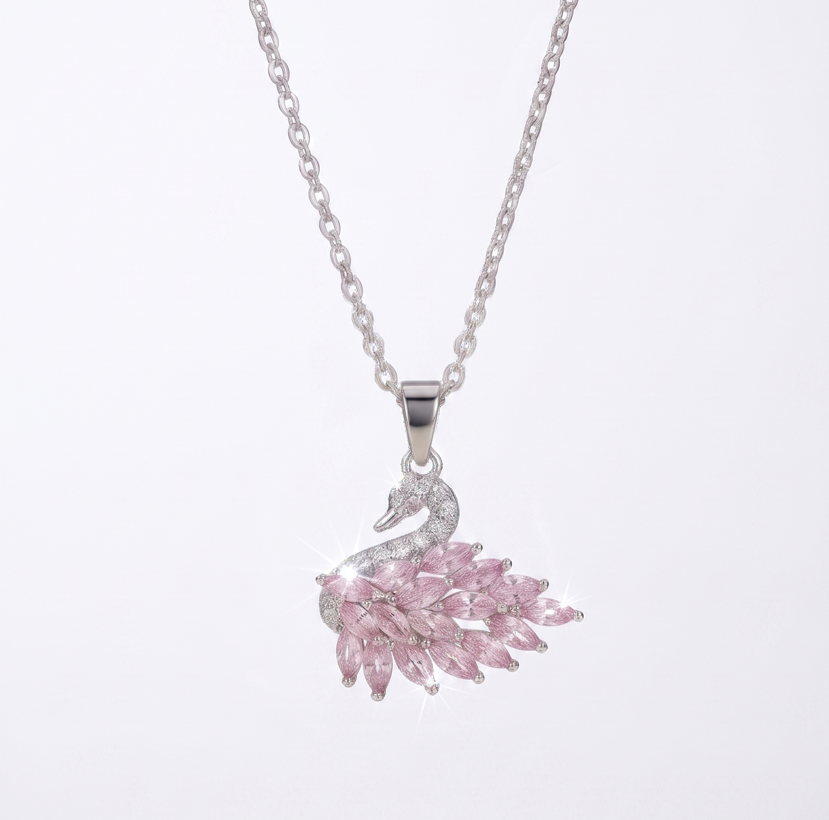 Sterling Silver Pink Marquise Crystal Swan Pendant