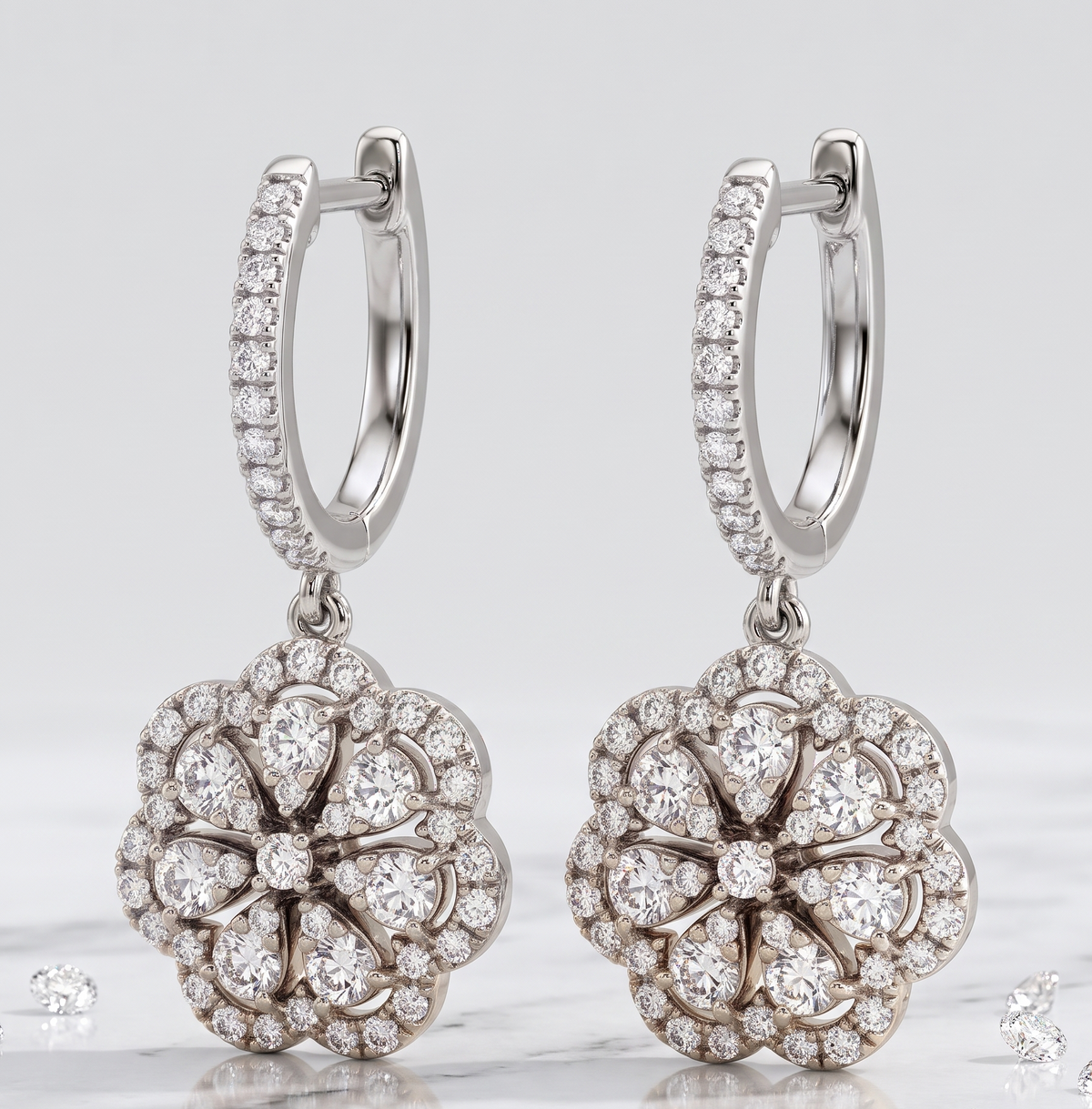 925 Sterling Silver Pave Hoop Floral Drop Earrings