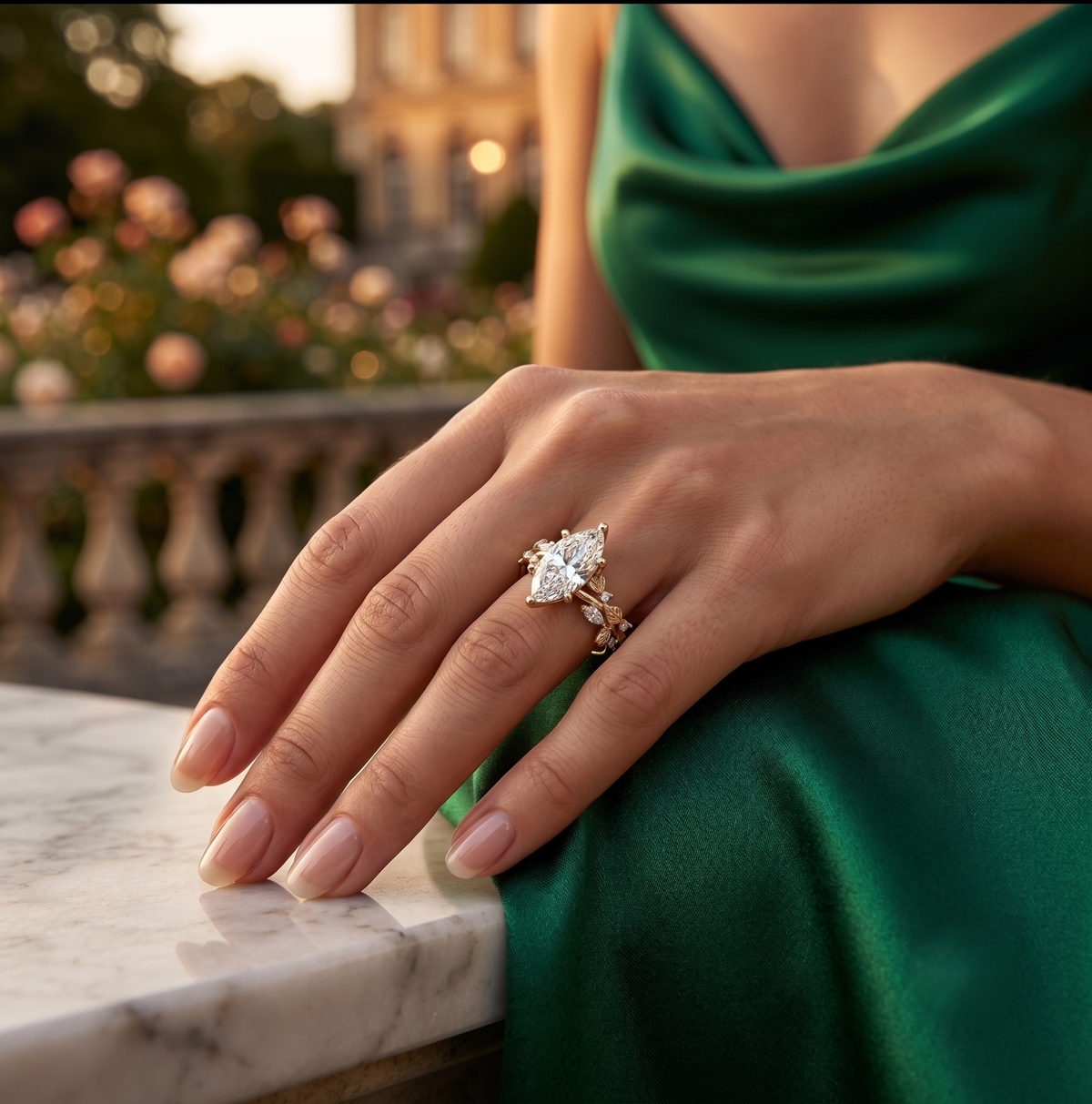 925 Sterling Silver Marquise Cut Botanical Ring