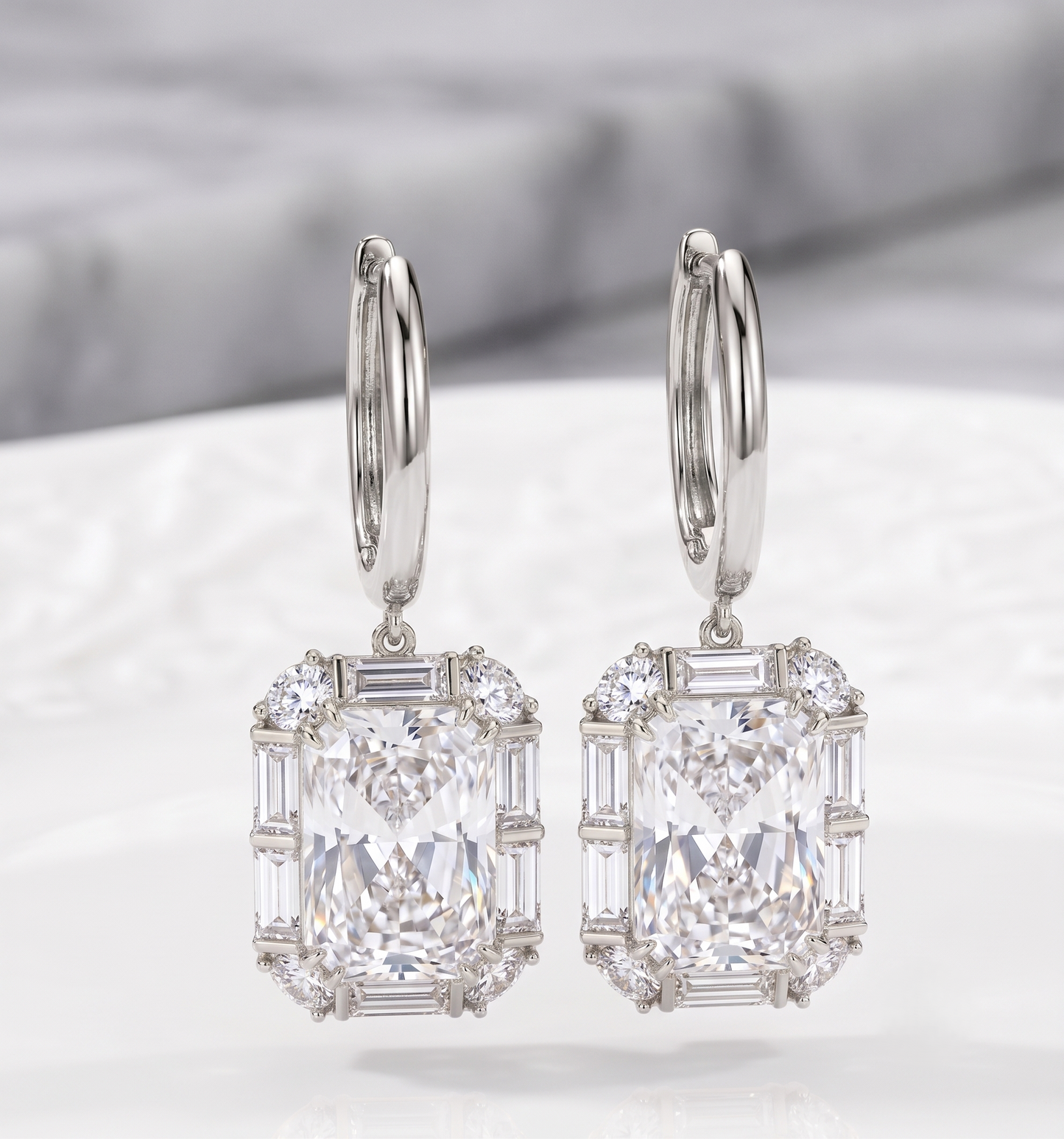 Radiant Emerald-Cut Halo Drop Silver Earrings